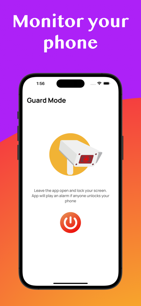 WTMP | Who Touched My Phone? - WTMP app screen showing Guard Mode interface with a security camera icon and activation button to monitor the phone