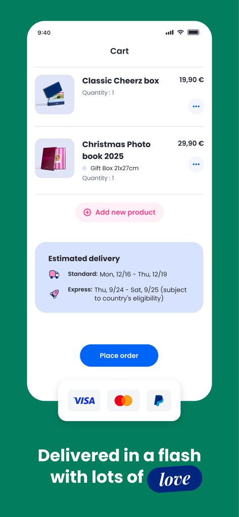 CHEERZ - Photo Printing - 配送オプション付きで、購入準備のできたフォトボックスとクリスマスフォトブックが表示されたモバイルアプリのショッピングカート。