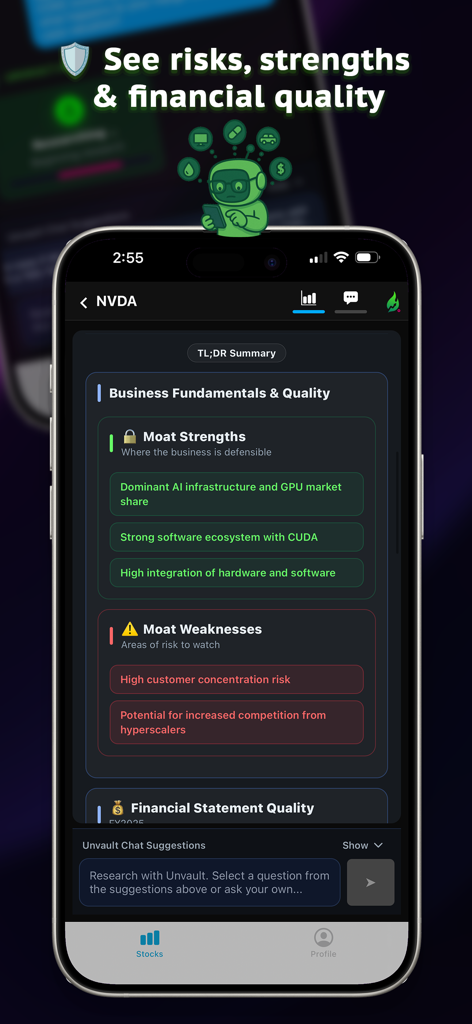 Unvault AI app interface displaying stock business fundamentals and moat analysis