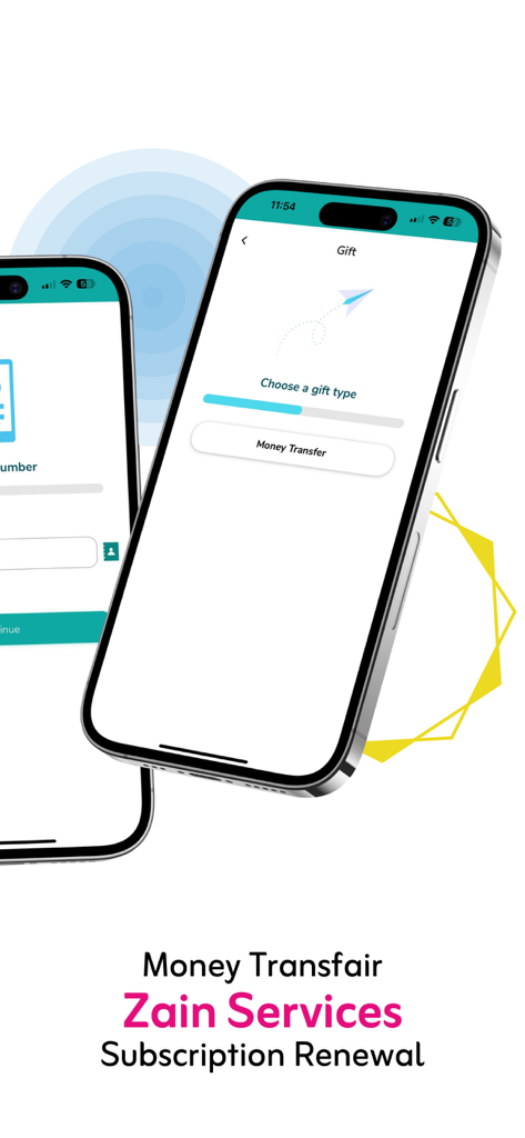 Pantalla de la aplicación móvil Zain Jo que muestra opciones de transferencia de dinero y regalos para servicios de telecomunicaciones