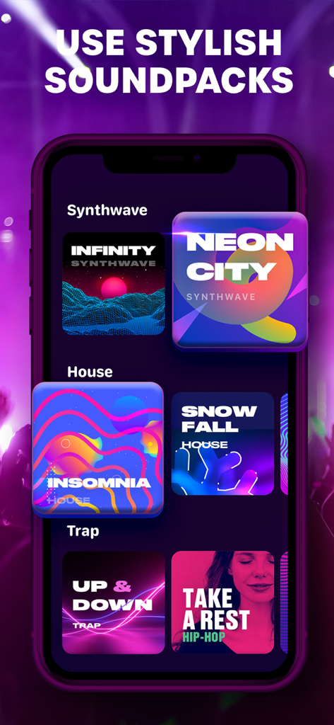 Loop Maker Pro - Music Maker - A selection of stylish soundpacks for music genres like Synthwave and House in the Loop Maker Pro app.