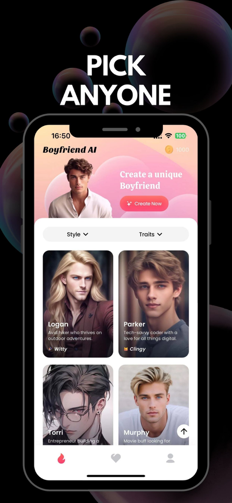 AI Boyfriend: Companion & Love - Interface do aplicativo AI Boyfriend mostrando uma lista de personagens masculinos virtuais para escolher com nomes e traços de personalidade