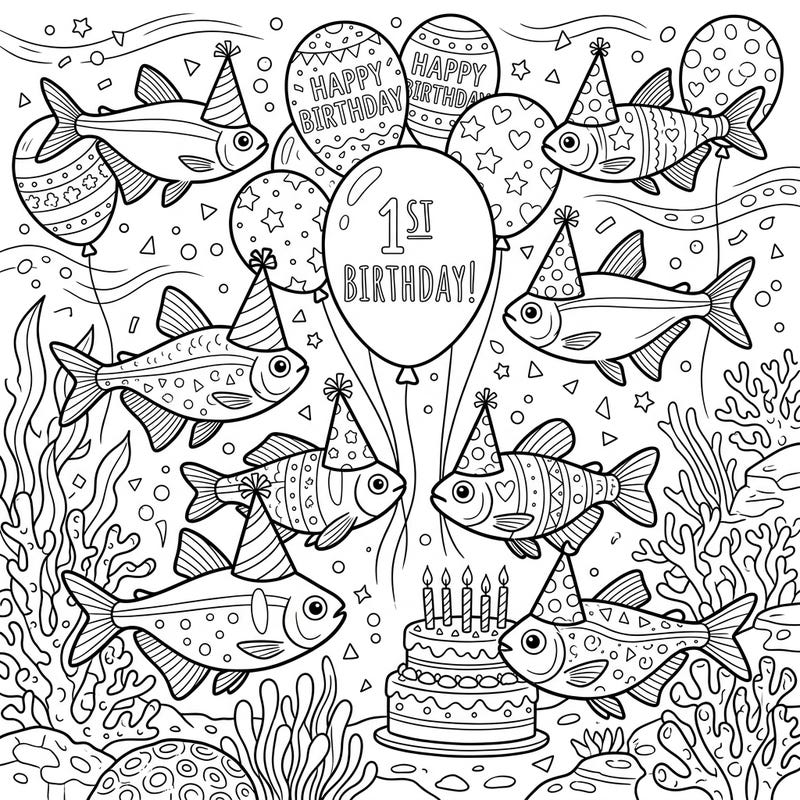 Join a lively school of Tetras fish for an unforgettable underwater birthday party, complete with festive hats, balloons, and a yummy cake. This engaging coloring page offers clear, prominent outlines perfect for a relaxing and enjoyable creative session.
