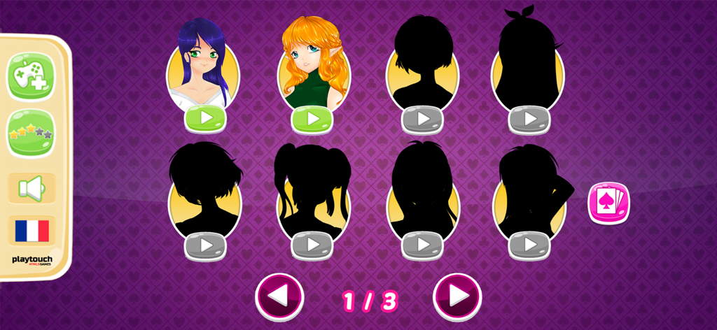 Solitaire Manga Girls - Character selection screen in Solitaire Manga Girls showing unlocked anime characters and locked silhouettes