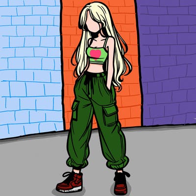 girl in baggy pants crop top and long hair