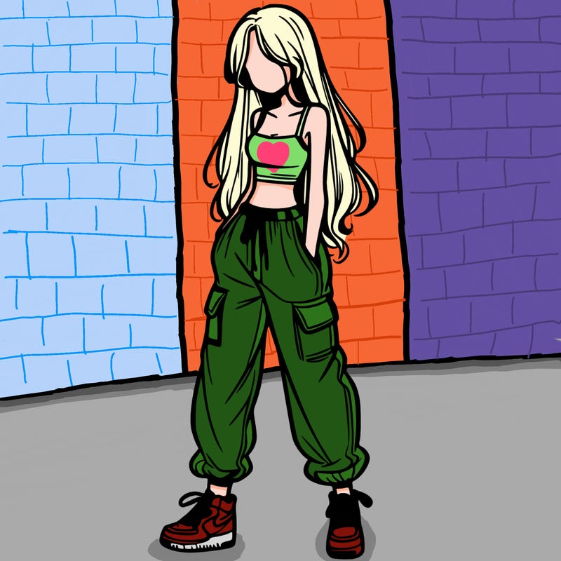 girl in baggy pants crop top and long hair