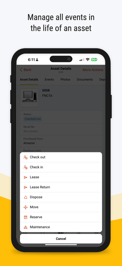 Asset Tiger app screen showing a menu for checking in, checking out, and managing asset maintenance.