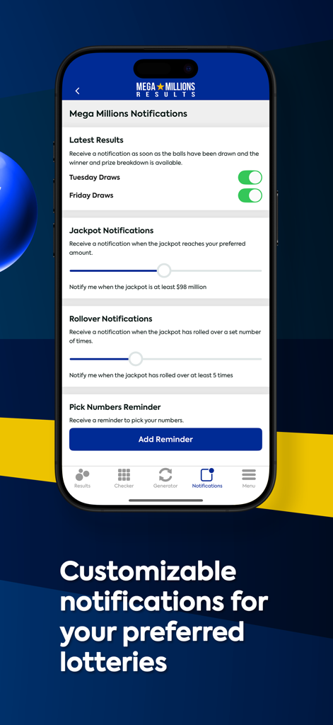 Mega Millions Lottery - Customizable notification settings in the Mega Millions Lottery app for results and jackpot alerts