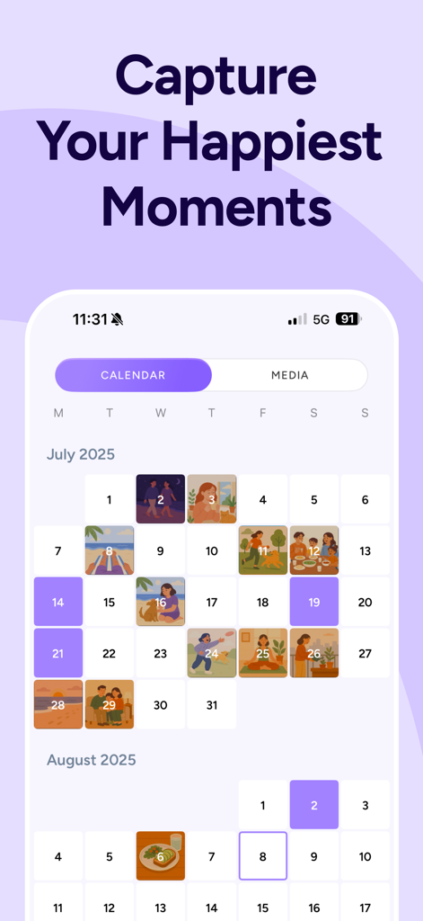 Gratitude Journal: Cherish AI - A visual calendar in the Cherish AI app displaying daily gratitude entries with photos of happy moments.