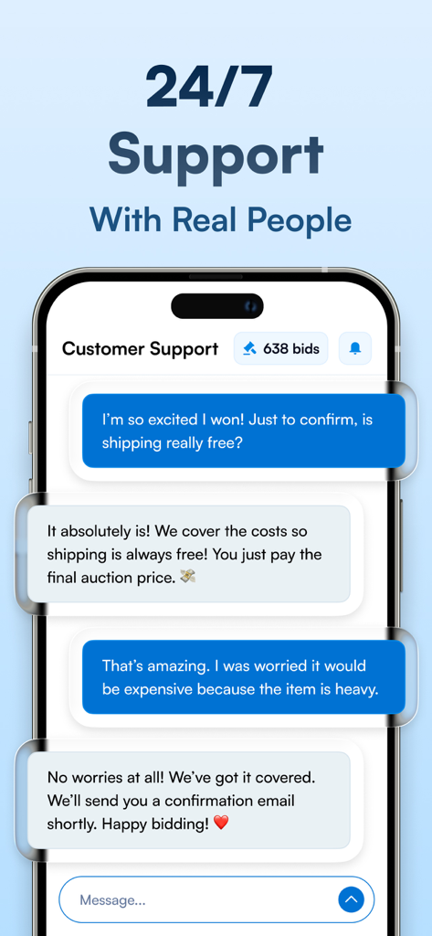 DealDash - Bid & Save Auctions - DealDashアプリのカスタマーサポートチャットインターフェース。24時間年中無休のリアルタイム対応で、送料無料ポリシーを確認しています。