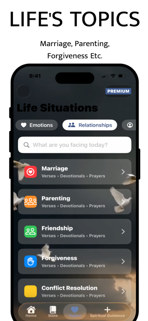 Holy Bible .. - Ein mobiler App-Bildschirm mit Bibelstudienthemen für Lebenssituationen wie Ehe, Elternschaft und Vergebung