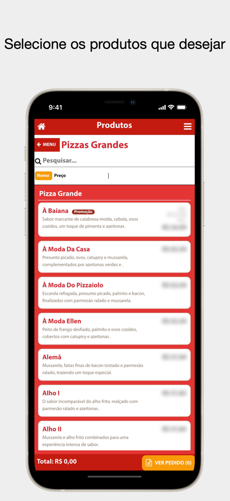 Uma lista de opções de pizza grandes na tela do aplicativo 14 Bis Pizzaria