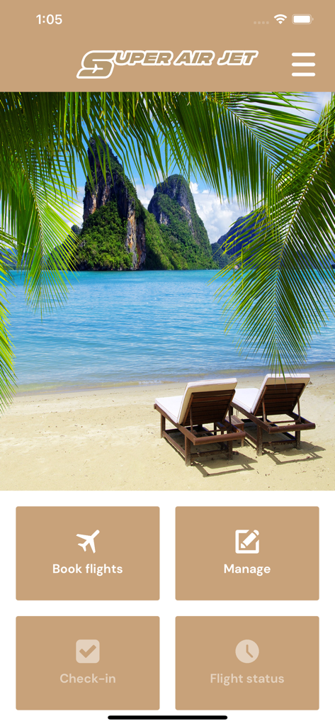 Super Air Jet - Super Air Jet 앱 홈 화면, 열대 해변 배경 위에 비행기 예약 및 체크인 버튼 표시