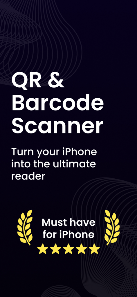QR Code Reader · Barcode Maker - QR- und Barcode-Scanner-Promotion-Bildschirm für das iPhone mit einer Fünf-Sterne-Bewertung und Lorbeerkränzen