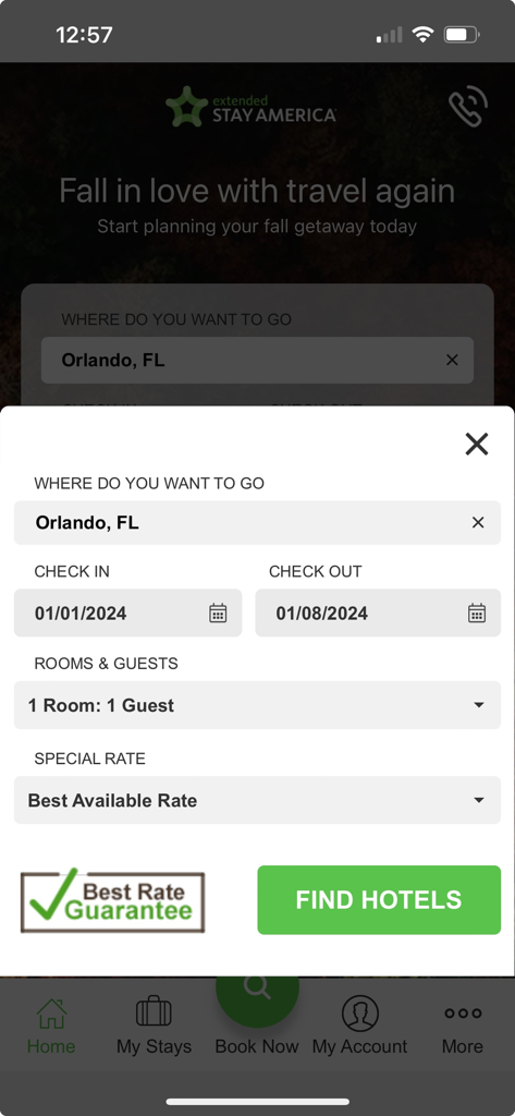 Extended Stay America - Extended Stay America app screen for searching and booking hotel rooms