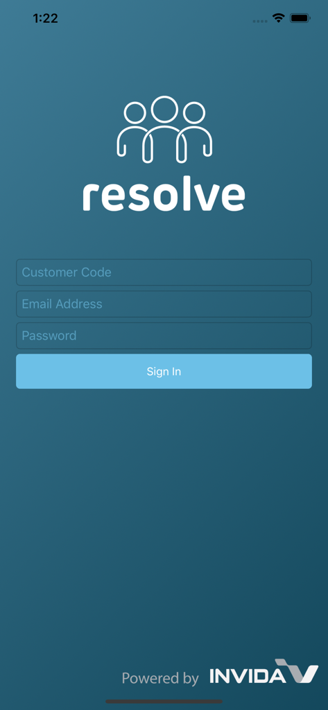 Invida Resolve - Pantalla de inicio de sesión de la aplicación móvil Invida Resolve con campos para código de cliente, correo electrónico y contraseña