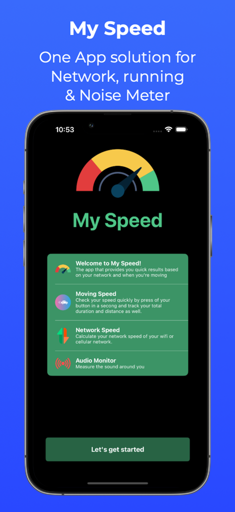 Schermata di benvenuto dell'app My Speed che visualizza le funzionalità per il tracciamento della velocità di movimento, il test di rete e il monitoraggio audio