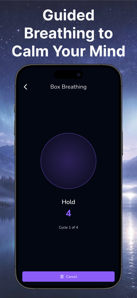 White Noise - Driftly - Screenshot of the White Noise - Driftly app showing a guided box breathing exercise to calm the mind.