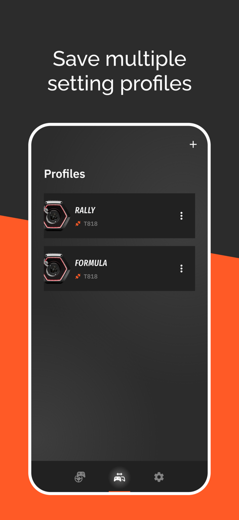 My Thrustmaster - Interface de l'application My Thrustmaster montrant les profils enregistrés pour les courses de Rallye et de Formule sur une base de volant T818.