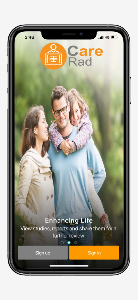 CareRad app splash screen featuring a happy family and buttons for sign in and sign up