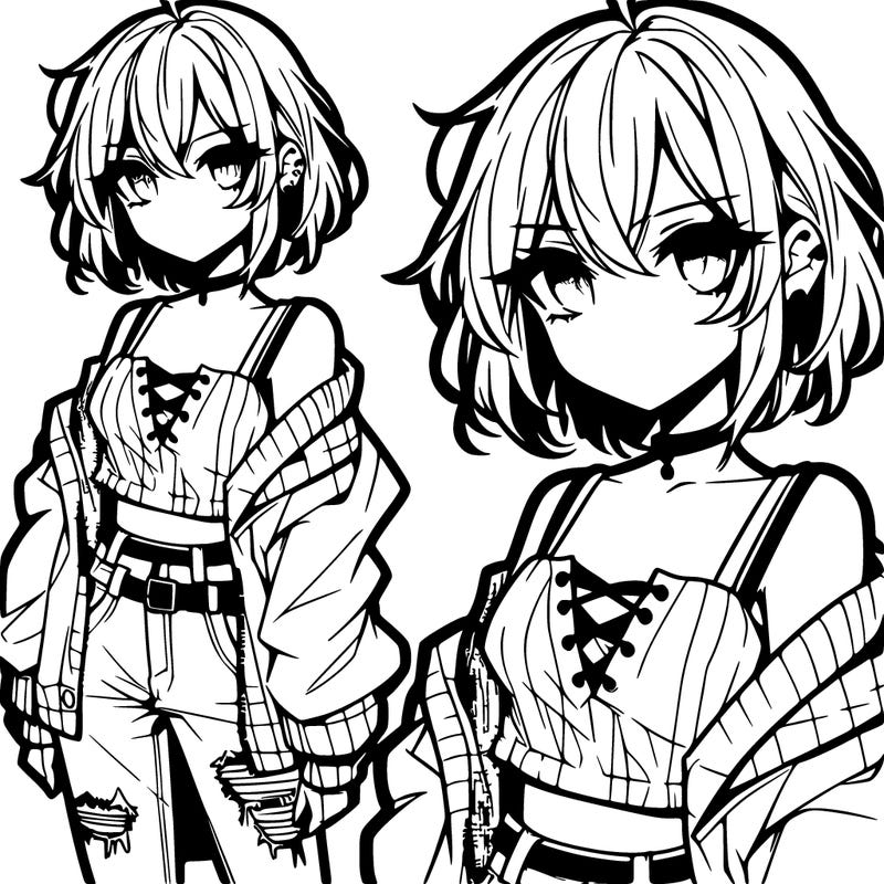 anime girl. waist-length hair. slanted eyes. short blouse. jacket over shoulders. ripped pants. ear piercing