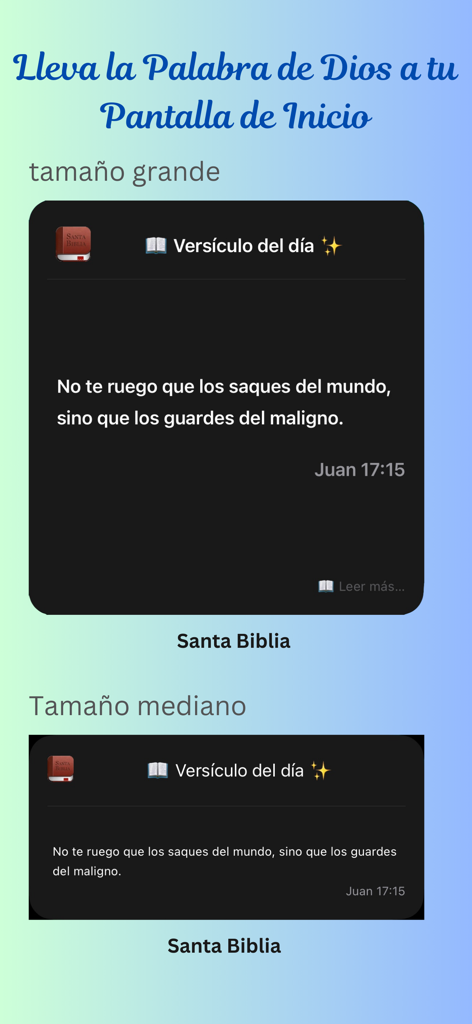 Captura de pantalla que muestra widgets grandes y medianos para pantalla de inicio móvil de un versículo bíblico diario en español