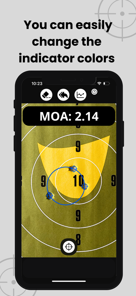 Interfaz de la aplicación MOA RangeR mostrando un agrupamiento de disparos en un objetivo con un MOA calculado de 2.14