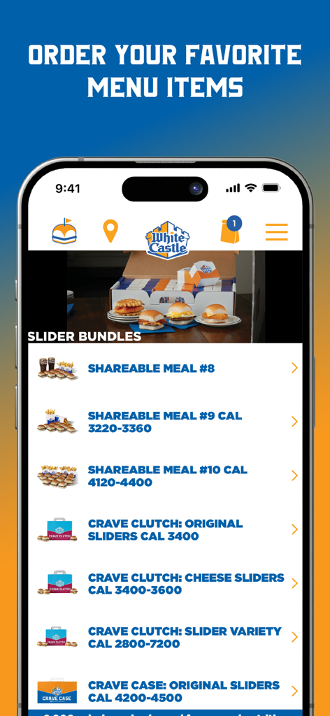 White Castle Mobile App-Oberfläche mit verschiedenen Slider-Bundle-Menüoptionen zur Bestellung