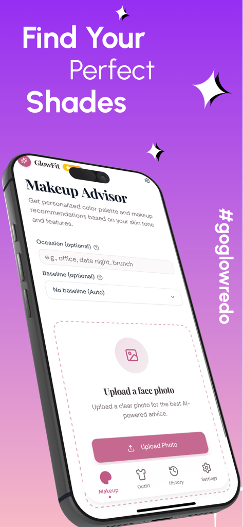 GlowFit: Makeup & Style AI - Pantalla de la aplicación móvil GlowFit mostrando la función Asesor de Maquillaje para subir una foto y obtener recomendaciones personalizadas de color y estilo