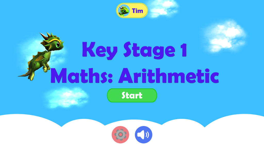 Écran d'accueil de l'application Dragon Maths Key Stage 1 Arithmetic avec un dragon vert et un bouton de démarrage dans un fond de ciel bleu