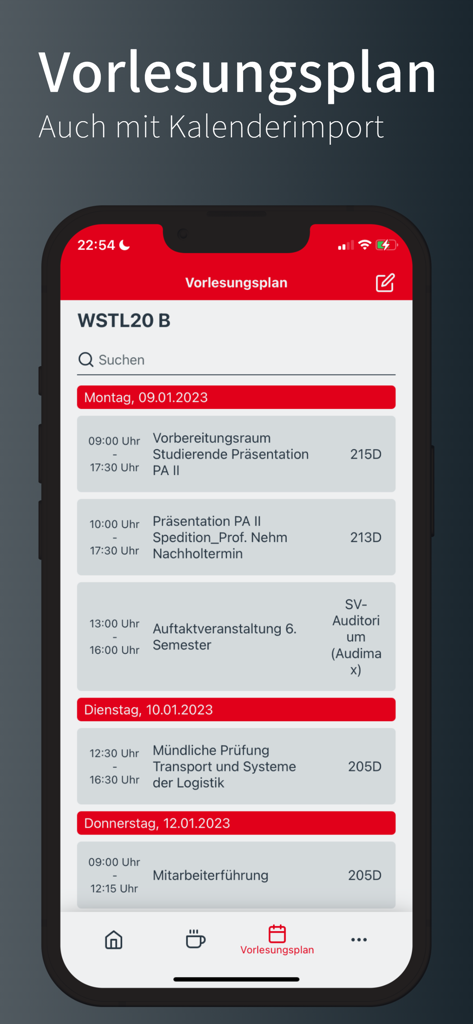 Pantalla móvil de DHBW CampusApp mostrando el horario de clases de un estudiante con horarios y ubicaciones de las aulas