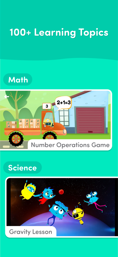 Wonjo Kids Learning Games - Captura de pantalla de la aplicación Wonjo Kids que muestra juegos educativos de matemáticas y ciencias para niños.
