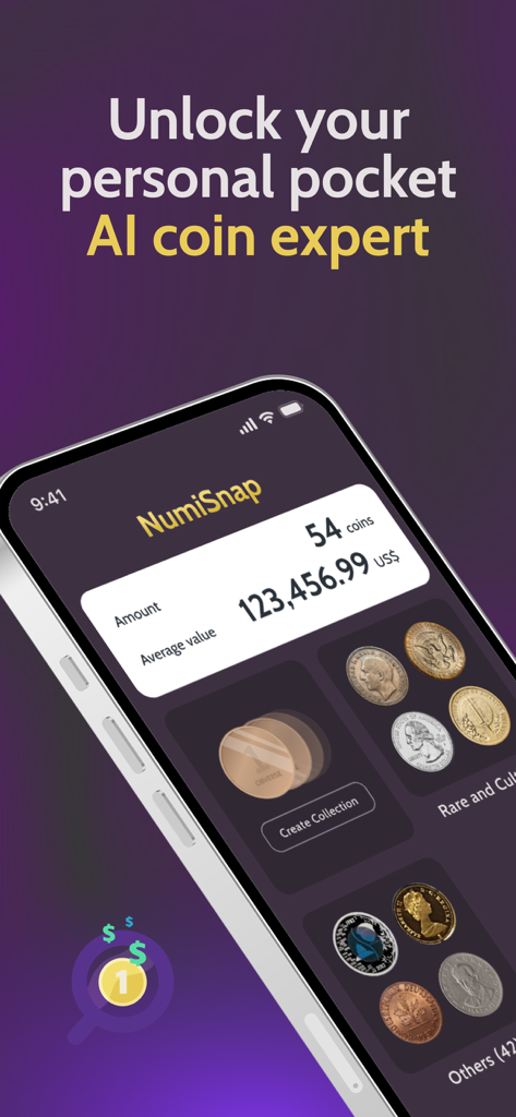 NumiSnap: Coin Value ID - Interface do aplicativo móvel NumiSnap exibindo uma coleção digital de moedas com um valor de mercado total estimado