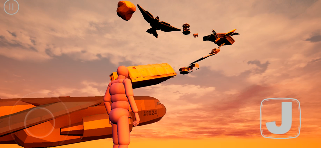 Ragdoll 3D - Parkour Adventure - Ragdoll character standing on a plane wing in a sunset sky parkour level