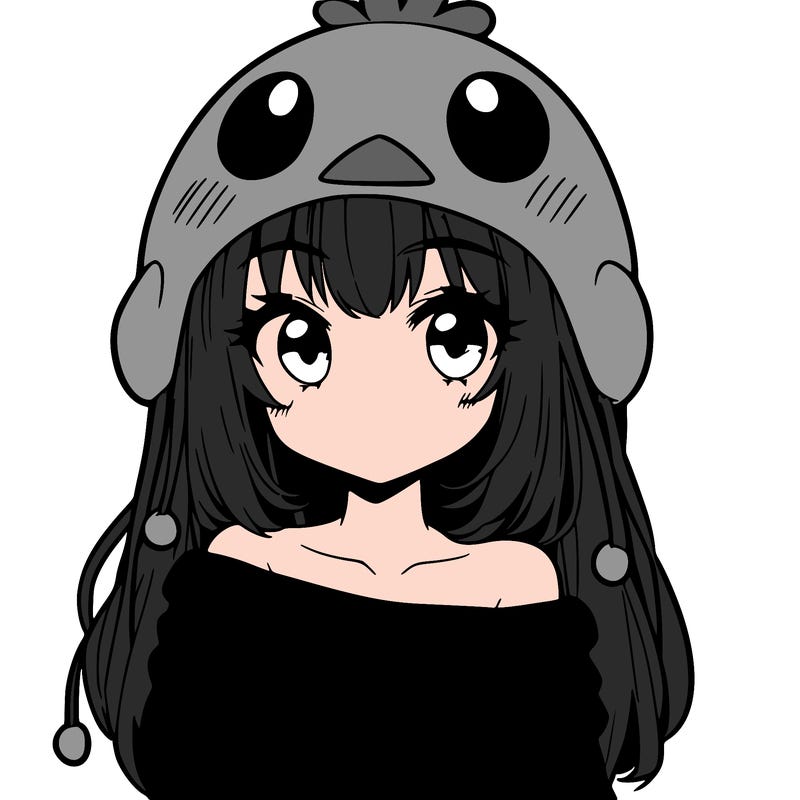 anime girl with chick shaped hat with sweater with bare shoulders with bangs covering them one eye with low tail