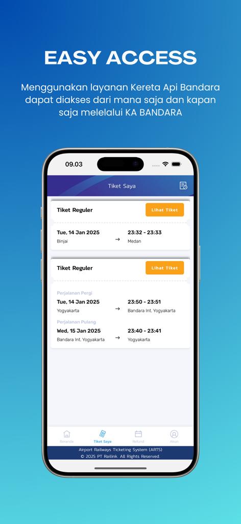 KA Bandara - Interface do aplicativo KA Bandara mostrando bilhetes de trem digitais para serviços de trem de aeroporto indonésios