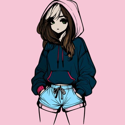 realistic girl in shorts and hoodie