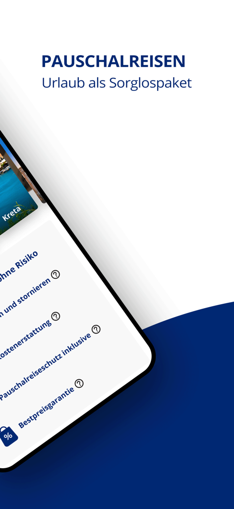Smartphone screen of the ab in den urlaub app showing package holiday deals and travel protection features