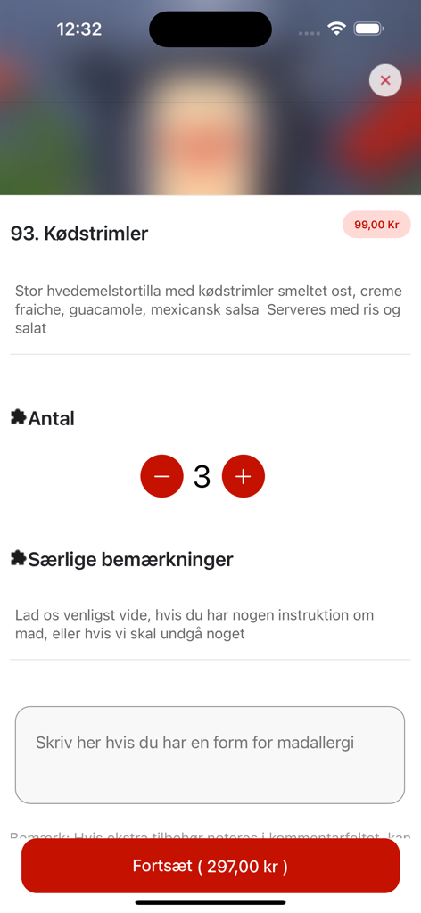 Chilis Pizza - Mobile screen of Chilis Pizza app showing a meat strips tortilla order with quantity selection and price