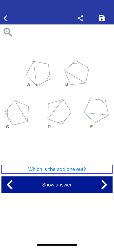 IQ Test & Training - A logic puzzle from the IQ Test and Training app asking to identify the odd one out among five geometric shapes