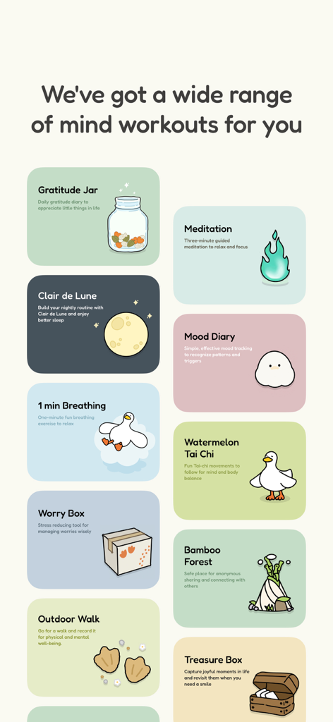 Quabble: Daily Mental Health - A menu of self care activities in the Quabble app including Gratitude Jar Meditation and Mood Diary