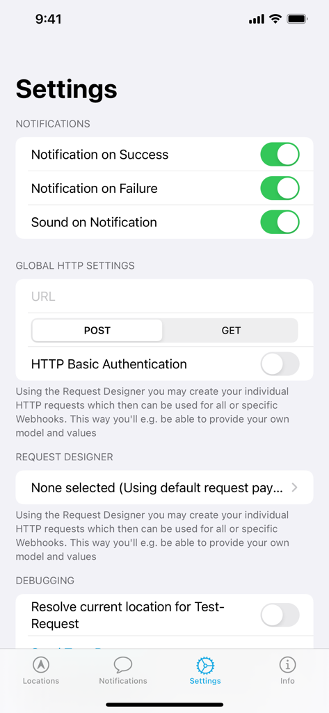 Locative: Geofence and Beacon - Settings screen of the Locative app featuring notification toggles and HTTP global settings for geofence webhooks