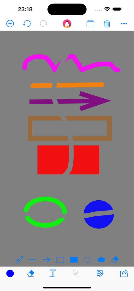 Draw Board on whiteboard pad - Interfaz de dibujo de la aplicación Draw Board que muestra formas coloridas y una herramienta de borrador sobre un fondo gris