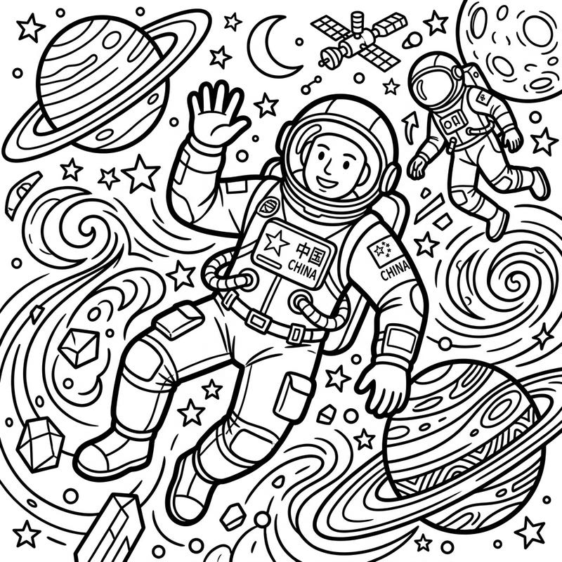 Get ready for an interstellar journey with this vibrant Pop Art coloring page featuring cheerful Taikonauts. Young artists will love coloring these space explorers amidst planets and stars, designed especially for kids aged 4-8.