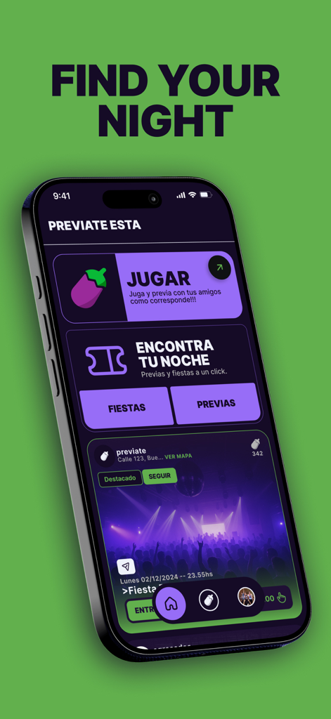 A smartphone screen showing the Previate Esta app with options to find local parties and social pre-game events
