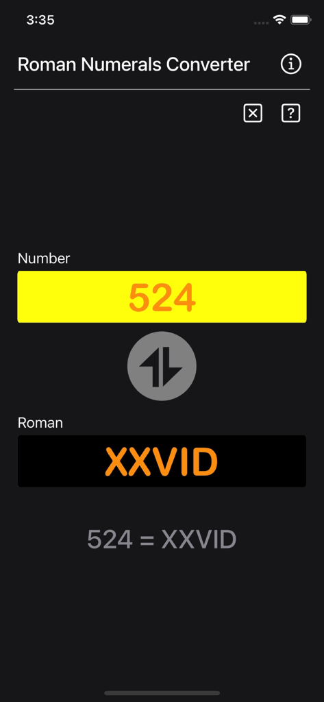 Interface of the Roman Numerals Converter Plus app showing the conversion of the number 524 into Roman numerals.