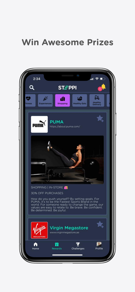 STEPPI - Mobile app screen displaying shopping rewards and discounts for PUMA in the STEPPI app