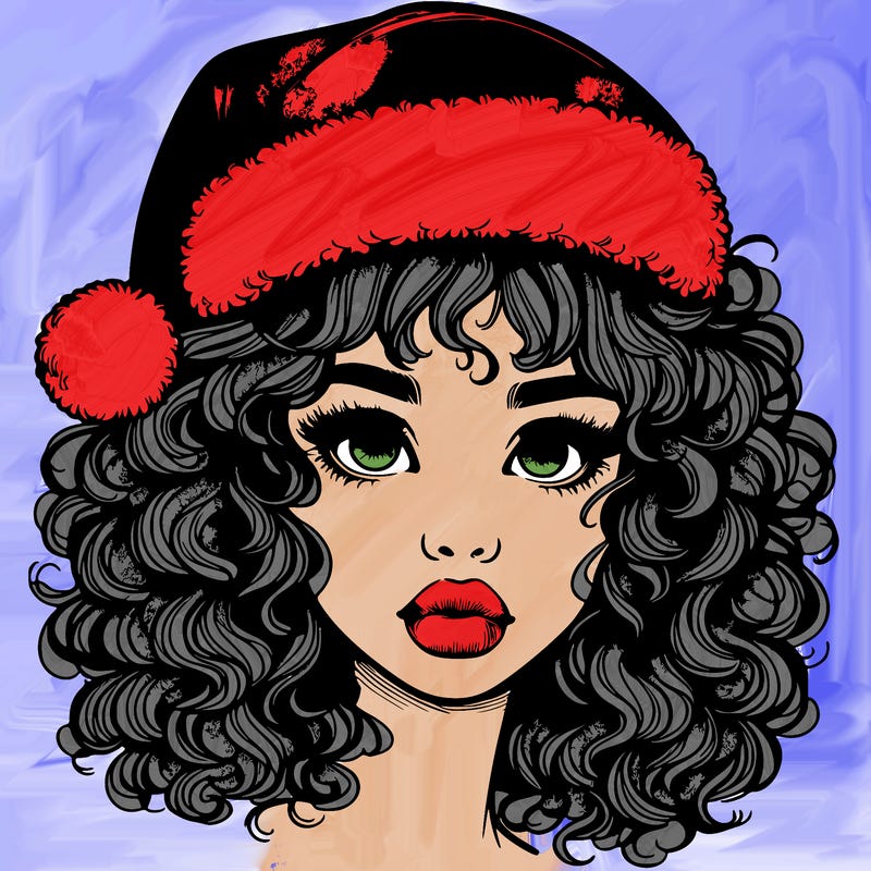 realistic girl with a santa hat curly hair and lips