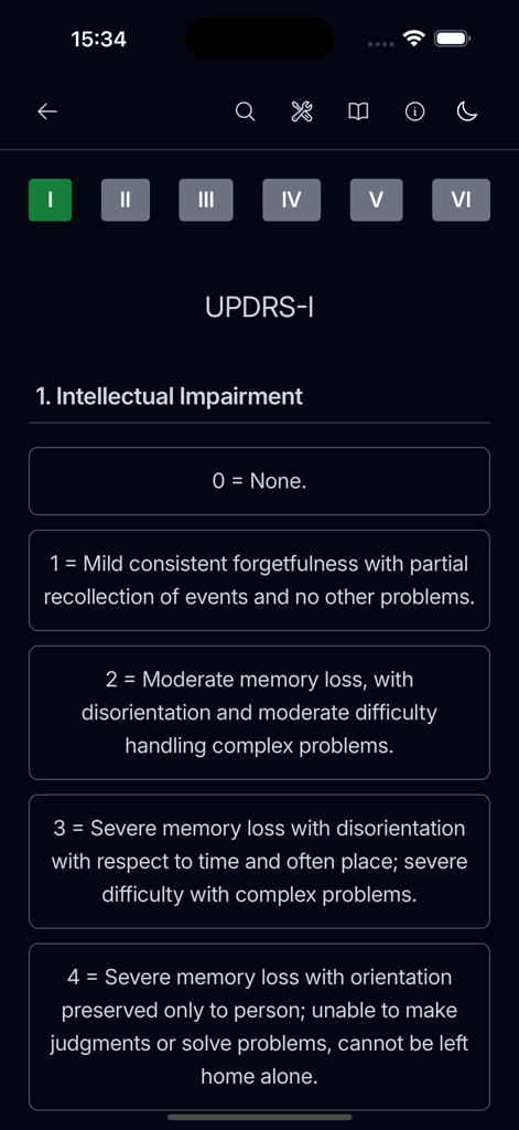 Neuro Assistant App zeigt die UPDRS-I Skala zur Beurteilung kognitiver Beeinträchtigungen für die neurologische Beurteilung