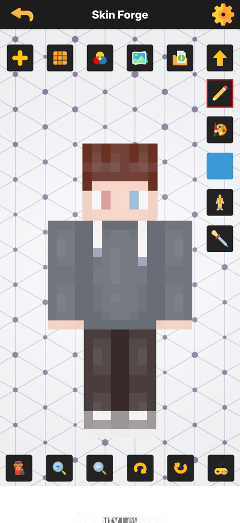 Interface of the Craftify Editor Skin Forge showing a custom Minecraft skin being edited.